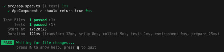 vitest initial test run showing passing test