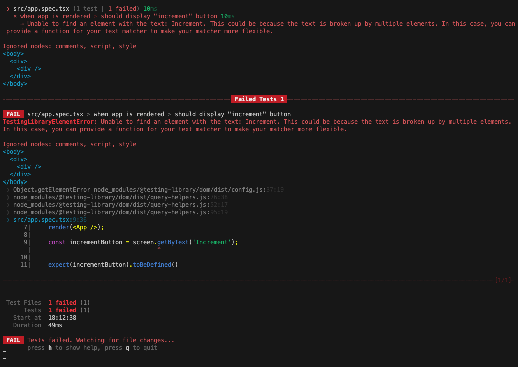 failed test showing increment button not found error